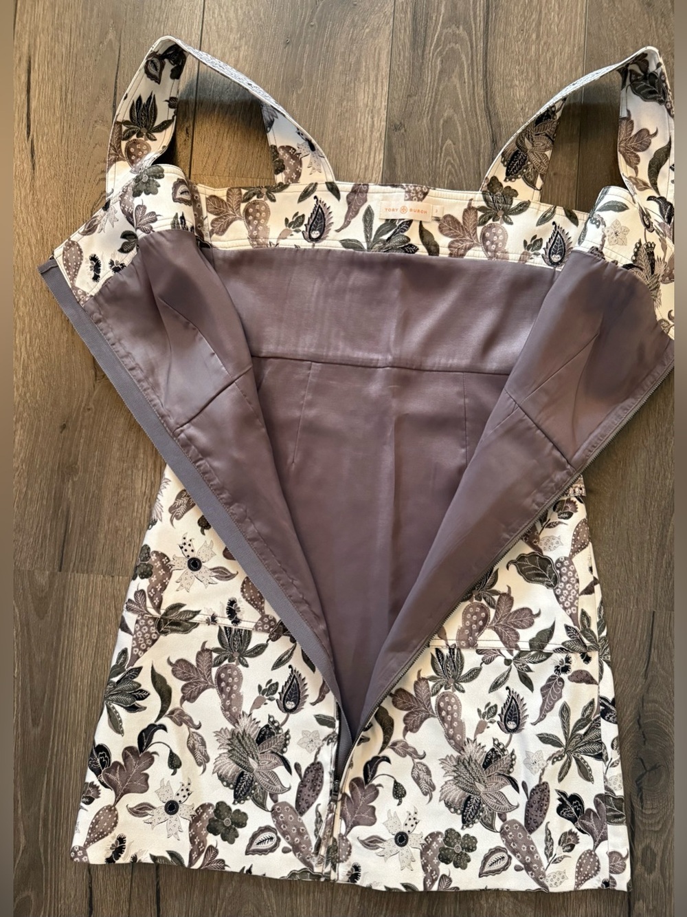 Tory Burch Botanical Print Mikado Apron Dress Floral Zip Front Sleeveless Size 2 - Picture 4 of 9